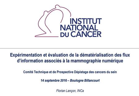 Expérimentation et évaluation de la dématérialisation des flux d’information associés à la mammographie numérique Comité Technique et de Prospective Dépistage.
