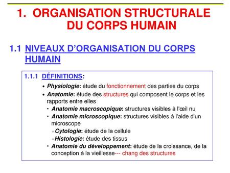 1. ORGANISATION STRUCTURALE DU CORPS HUMAIN