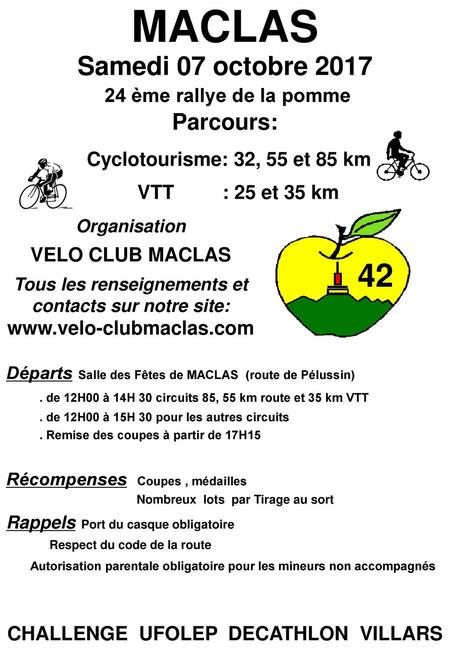 MACLAS Samedi 07 octobre Cyclotourisme: 32, 55 et 85 km