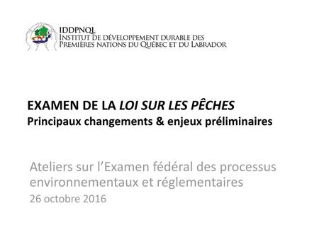 EXAMEN DE LA LOI SUR LES PÊCHES Principaux changements & enjeux préliminaires Ateliers sur l’Examen fédéral des processus environnementaux et réglementaires.
