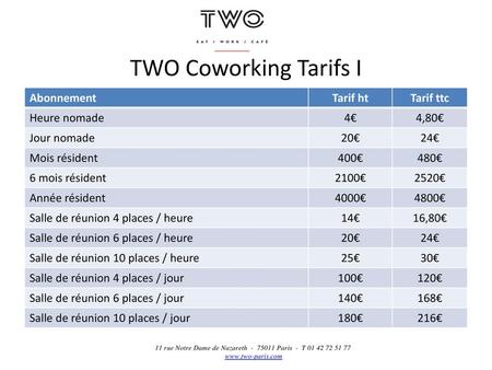 TWO Coworking Tarifs I Abonnement Tarif ht Tarif ttc Heure nomade 4€