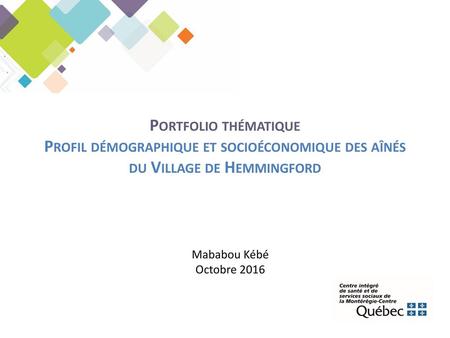 Portfolio thématique Profil démographique et socioéconomique des aînés du Village de Hemmingford Ce document a été réalisé pour répondre aux besoins.