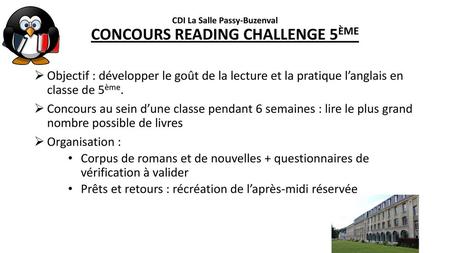 CDI La Salle Passy-Buzenval CONCOURS READING CHALLENGE 5ÈME