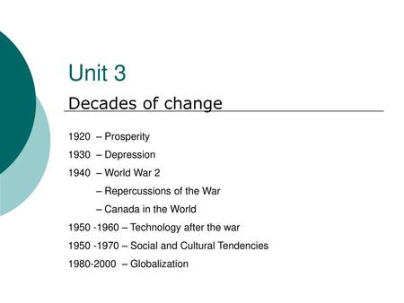 Unit 3 Decades of change 1920 – Prosperity 1930 – Depression