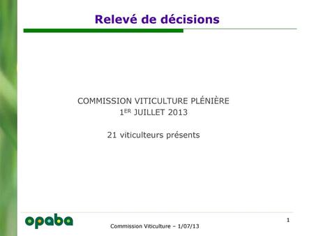 Relevé de décisions COMMISSION VITICULTURE PLÉNIÈRE 1ER JUILLET 2013 21 viticulteurs présents Commission Viticulture – 1/07/13.