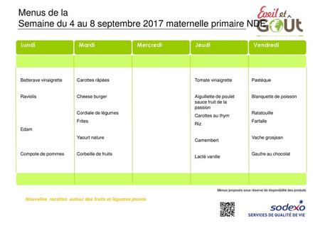 Semaine du 4 au 8 septembre 2017 maternelle primaire NDE