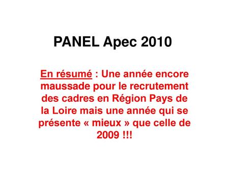 PANEL Apec 2010 En résumé : Une année encore maussade pour le recrutement des cadres en Région Pays de la Loire mais une année qui se présente « mieux »