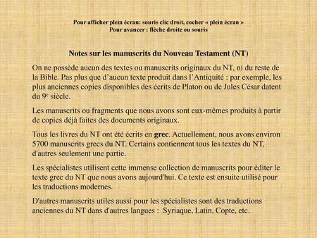Notes sur les manuscrits du Nouveau Testament (NT)
