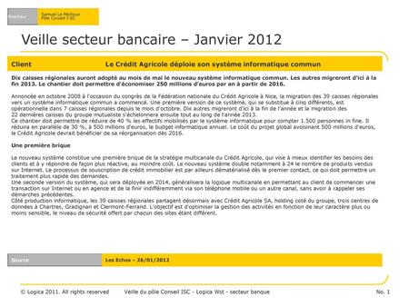Veille secteur bancaire – Janvier 2012