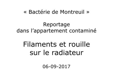 « Bactérie de Montreuil » Reportage dans l’appartement contaminé Filaments et rouille sur le radiateur 06-09-2017.