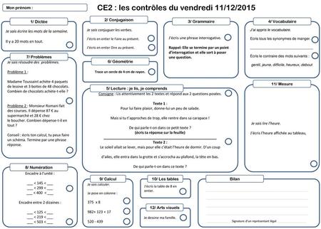 CE2 : les contrôles du vendredi 11/12/2015
