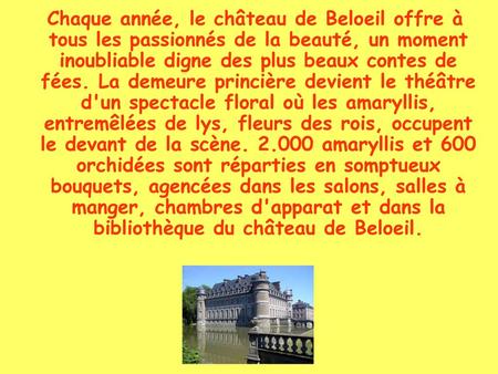 Chaque année, le château de Beloeil offre à tous les passionnés de la beauté, un moment inoubliable digne des plus beaux contes de fées. La demeure princière.