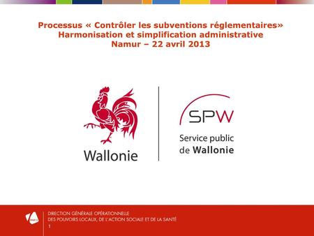 Processus « Contrôler les subventions réglementaires» Harmonisation et simplification administrative Namur – 22 avril 2013.