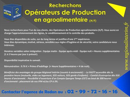 Recherchons Opérateurs de Production en agroalimentaire (H/F)