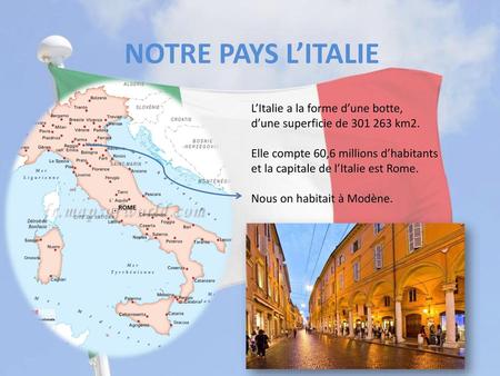 NOTRE PAYS L’ITALIE L’Italie a la forme d’une botte,