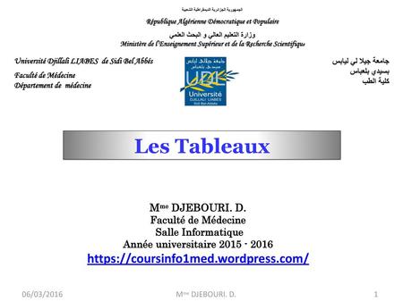 Les Tableaux https://coursinfo1med.wordpress.com/ Mme DJEBOURI. D.