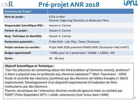 Pré-projet ANR 2018 Données du Projet