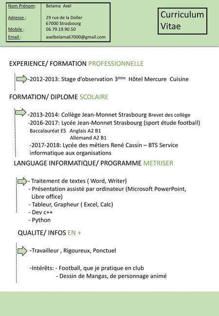 Curriculum Vitae EXPERIENCE/ FORMATION PROFESSIONNELLE