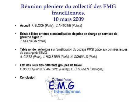 Réunion plénière du collectif des EMG franciliennes. 10 mars 2009
