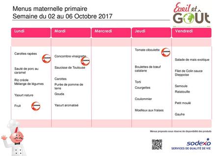 Menus maternelle primaire Semaine du 02 au 06 Octobre 2017
