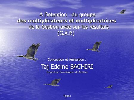 A l’intention du groupe des multiplicateurs et multiplicatrices de la Gestion axée sur les résultats (G.A.R) Conception et réalisation : Taj Eddine.