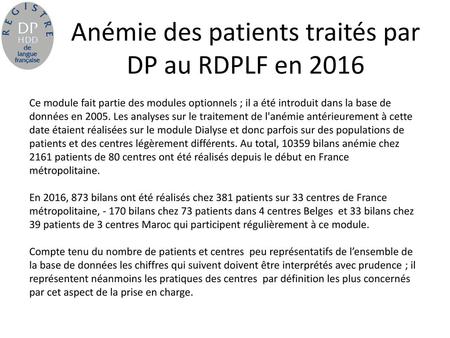 Anémie des patients traités par DP au RDPLF en 2016