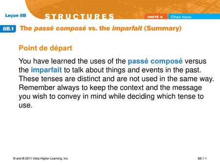 Point de départ You have learned the uses of the passé composé versus the imparfait to talk about things and events in the past. These tenses are distinct.