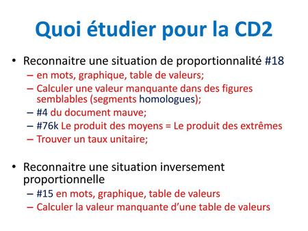 Quoi étudier pour la CD2 Reconnaitre une situation de proportionnalité #18 en mots, graphique, table de valeurs; Calculer une valeur manquante dans des.