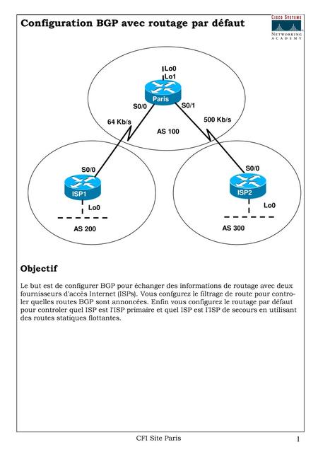 Configuration BGP avec routage par défaut