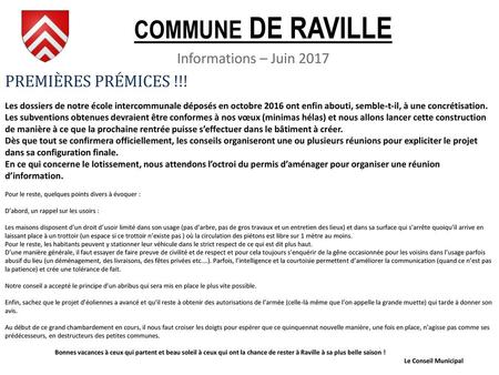 COMMUNE DE RAVILLE PREMIÈRES PRÉMICES !!! Informations – Juin 2017