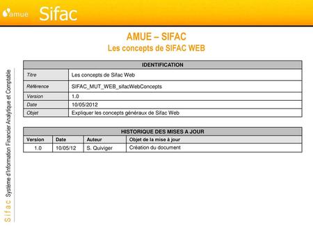 AMUE – SIFAC Les concepts de SIFAC WEB HISTORIQUE DES MISES A JOUR