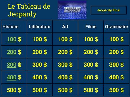 Le Tableau de Jeopardy 100 $ 200 $ 300 $ 400 $ 500 $ Histoire