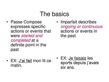 The basics Passe Compose expresses specific actions or events that were started and completed at a definite point in the past EX: J’ai fait mon lit ce.