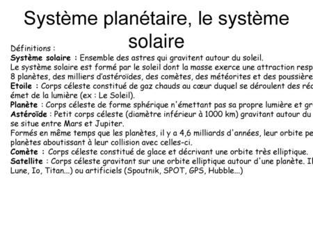 Système planétaire, le système solaire