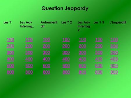Question Jeopardy Les ? Les Adv Interrog.. Autrement dit Les ? 2