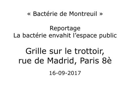 « Bactérie de Montreuil » Reportage La bactérie envahit l’espace public Grille sur le trottoir, rue de Madrid, Paris 8è 16-09-2017.