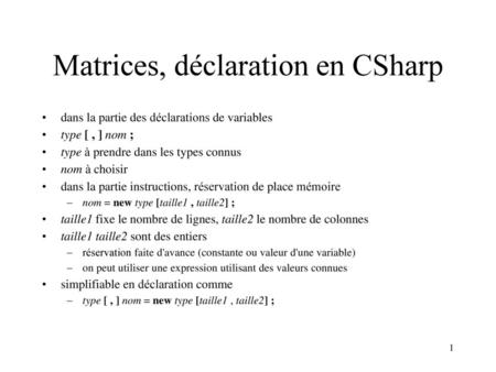 Matrices, déclaration en CSharp