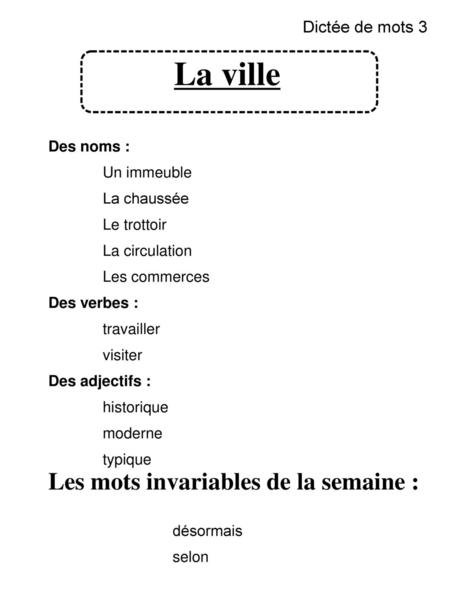 La ville Les mots invariables de la semaine : Dictée de mots 3