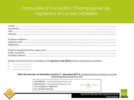 Formulaire d’inscription Champagnes de Vignerons et Lycées Hôteliers