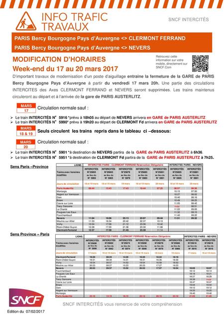 MODIFICATION D’HORAIRES Week-end du 17 au 20 mars 2017