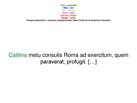 Vert = nominatif Bleu = acc Gris = génitif Rose = datif Orange = ablatif Rouge = verbe Chaque diapositive = morceau supplémentaire dans l'ordre de la traduction.