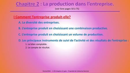 Chapitre 2 : La production dans l’entreprise.