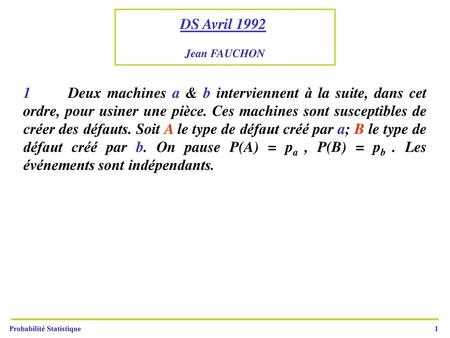 DS Avril 1992 Jean FAUCHON 1	Deux machines a & b interviennent à la suite, dans cet ordre, pour usiner une pièce. Ces machines sont susceptibles de créer.
