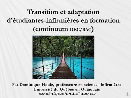 Transition et adaptation d’étudiantes-infirmières en formation (continuum DEC/BAC) Par Dominique Houle, professeure en sciences infirmières Université.