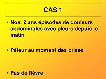 CAS 1 Noa, 2 ans épisodes de douleurs abdominales avec pleurs depuis le matin Pâleur au moment des crises Pas de fièvre.