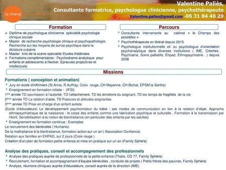 Valentine Paliès, Consultante formatrice, psychologue clinicienne, psychothérapeute Valentine.palies@gmail.com -06 31 84 48 29 Formation Parcours Diplôme.