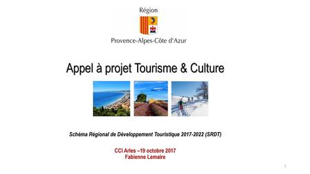 Appel à projet Tourisme & Culture Schéma Régional de Développement Touristique 2017-2022 (SRDT) CCI Arles –19 octobre 2017 Fabienne Lemaire.