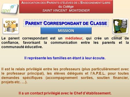 P ARENT C ORRESPONDANT DE C LASSE MISSIONMISSION Le parent correspondant est un médiateur, qui crée un climat de confiance, favorisant la communication.