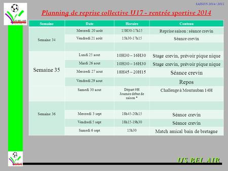 Planning de reprise collective U17 - rentrée sportive 2014