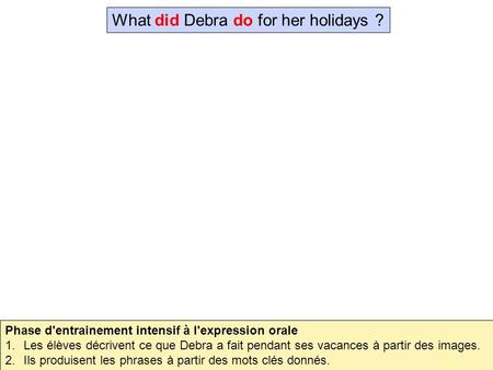 What did Debra do for her holidays ? Phase d'entrainement intensif à l'expression orale 1.Les élèves décrivent ce que Debra a fait pendant ses vacances.